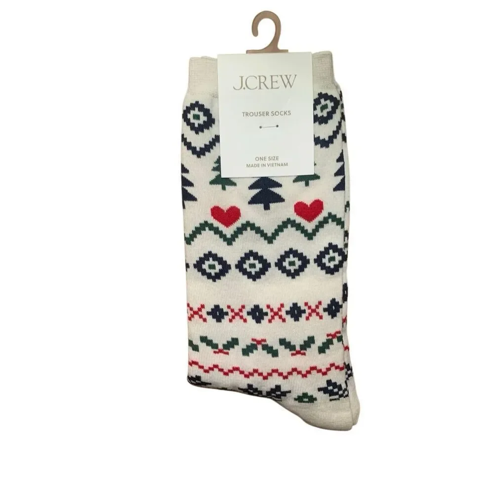 J.Crew Holiday Fair Isle Trouser Socks Ivory Nordic Print Ivory One Size, NWT